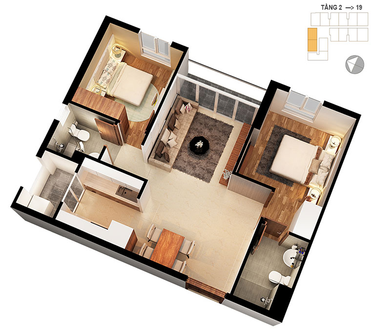 Mặt bằng căn hộ 2 phòng ngủ