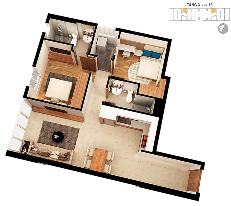 Mặt bằng căn hộ 2 phòng ngủ 67.9m2