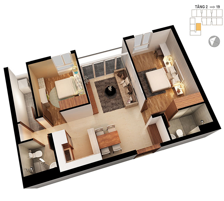 Mặt bằng căn hộ 2 phòng ngủ 69.4m2