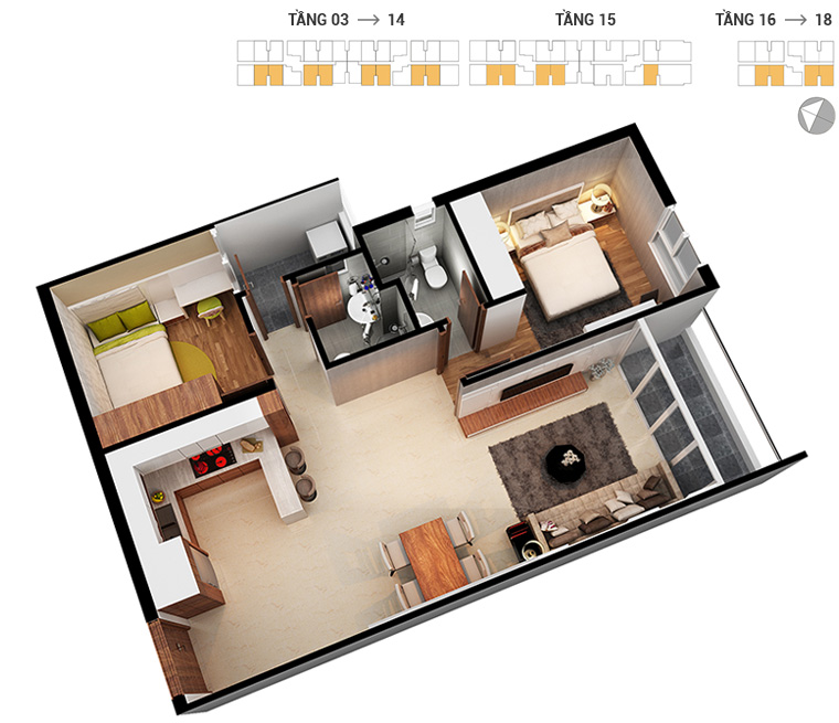 Mặt bằng căn hộ 2 phòng ngủ 71.1m2