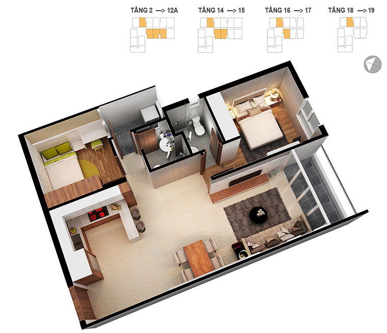 Mặt bằng căn hộ 2 phòng ngủ 71.1m2