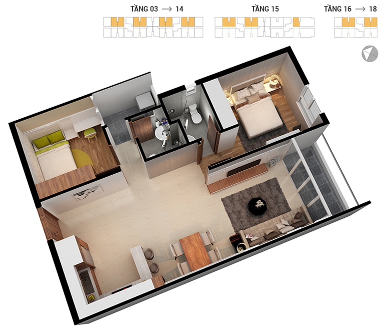 Mặt bằng căn hộ 2 phòng ngủ 71.1m2