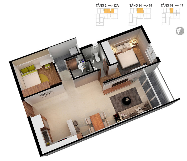 Mặt bằng căn hộ 2 phòng ngủ 71.1m2