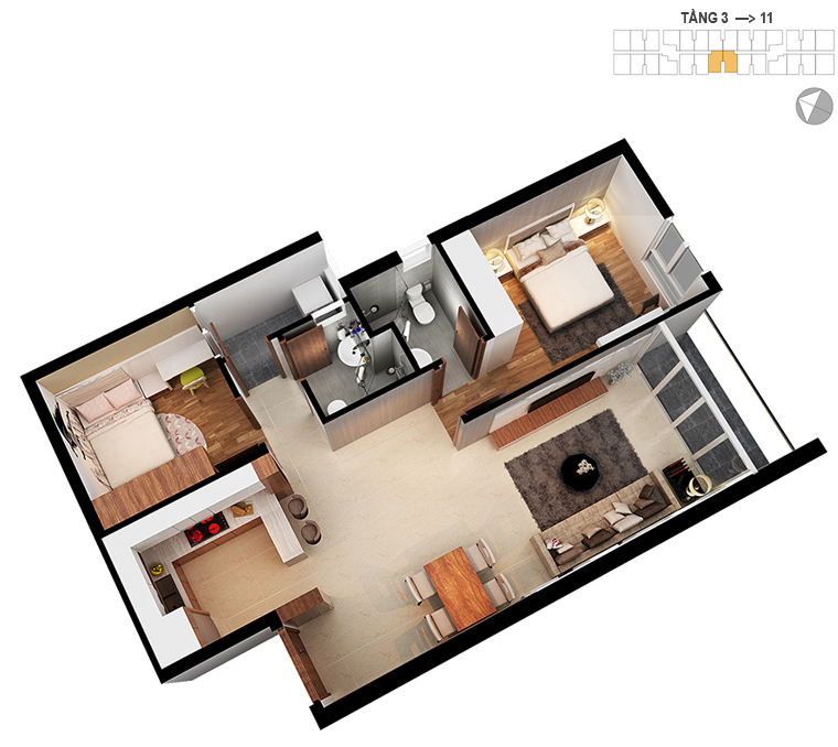 Mặt bằng căn hộ 2 phòng ngủ 72.7m2