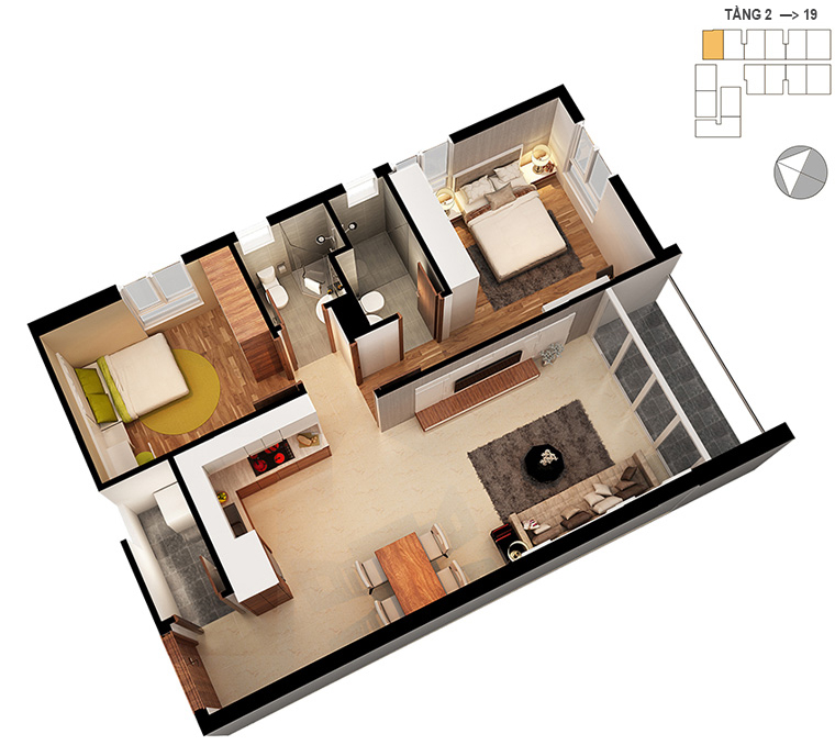 Mặt bằng căn hộ 2 phòng ngủ 71.1m2