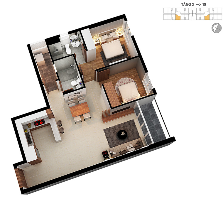 Mặt bằng căn hộ 2 phòng ngủ 79.8m2