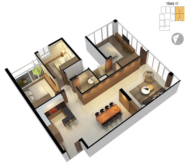 Mặt bằng căn hộ 3 phòng ngủ 122.8m2