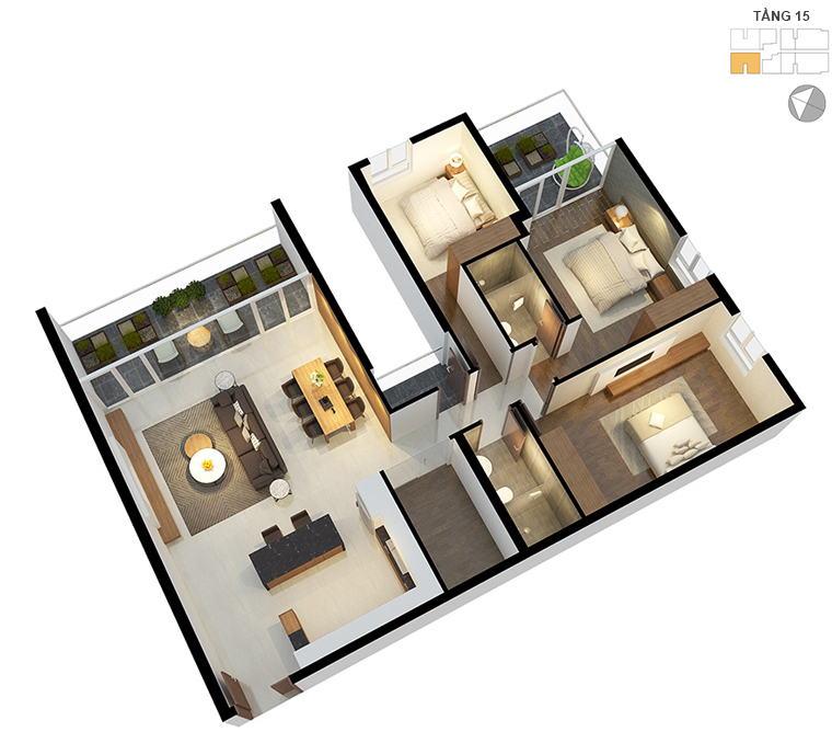 Mặt bằng căn hộ 3 phòng ngủ 134m2