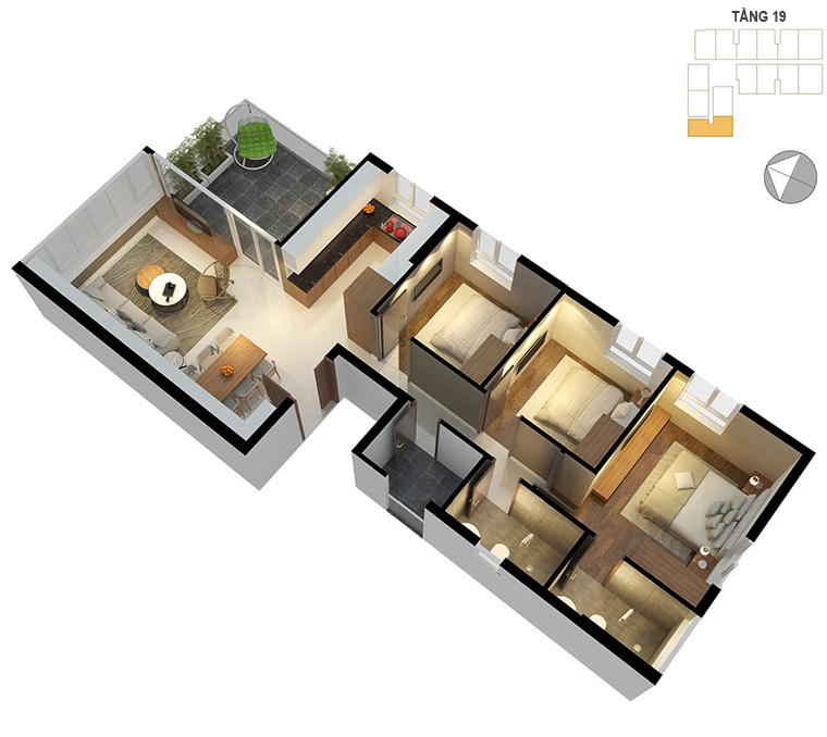 Mặt bằng căn hộ 3 phòng ngủ 84.4m2