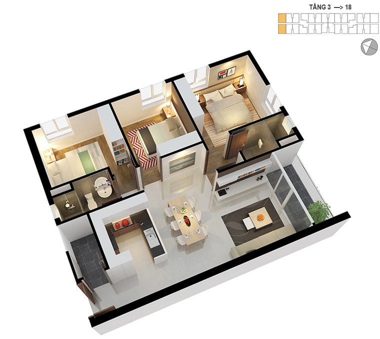 Mặt bằng căn hộ 3 phòng ngủ 86.7m2