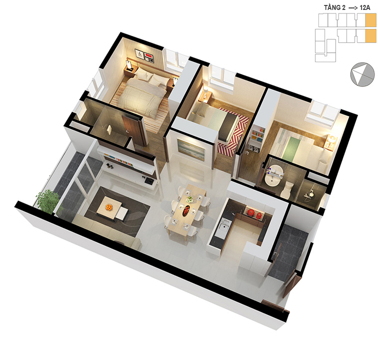 Mặt bằng căn hộ 3 phòng ngủ 86.7m2