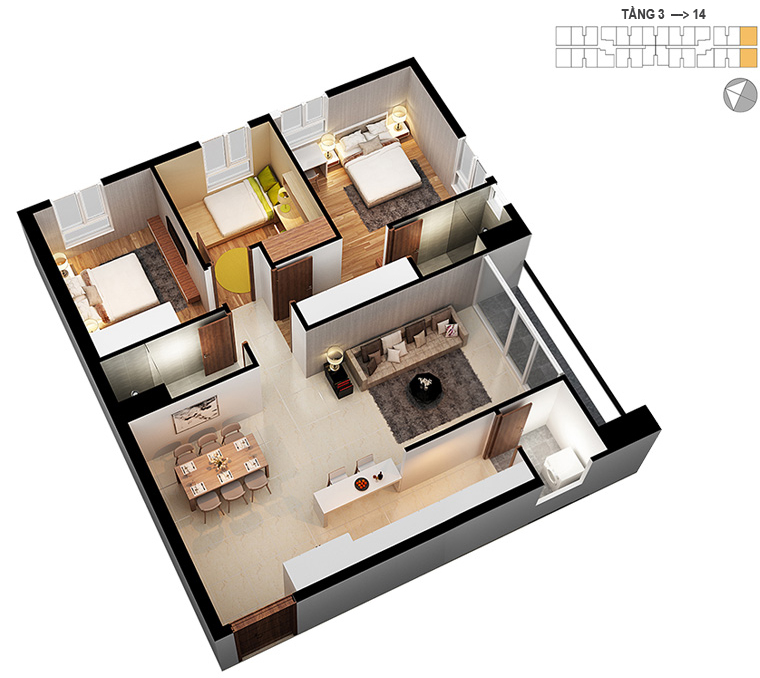 Mặt bằng căn hộ 3 phòng ngủ 97.4m2