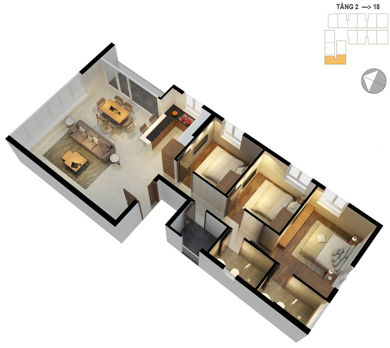 Mặt bằng căn hộ 3 phòng ngủ 98.2m2