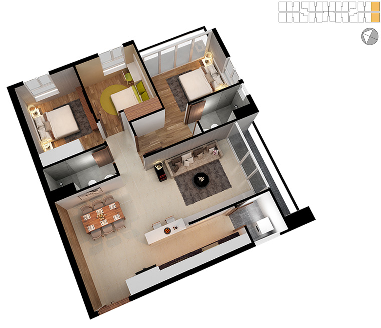 Mặt bằng căn hộ 3 phòng ngủ 98m2